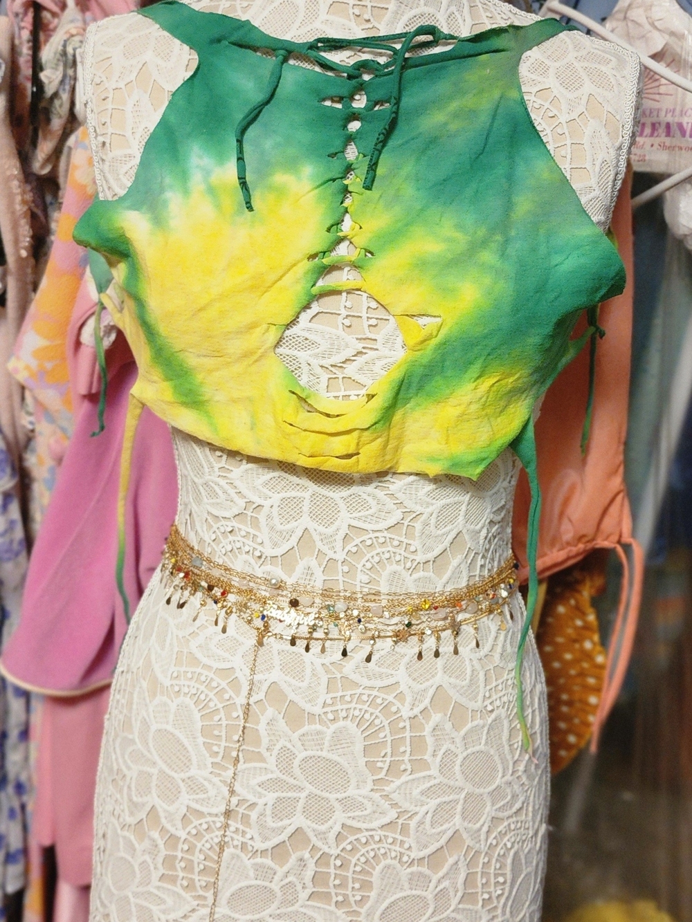 Handmade Custom Tie Dye Green Yellow Lace-Up Cutout Festival Crop Top